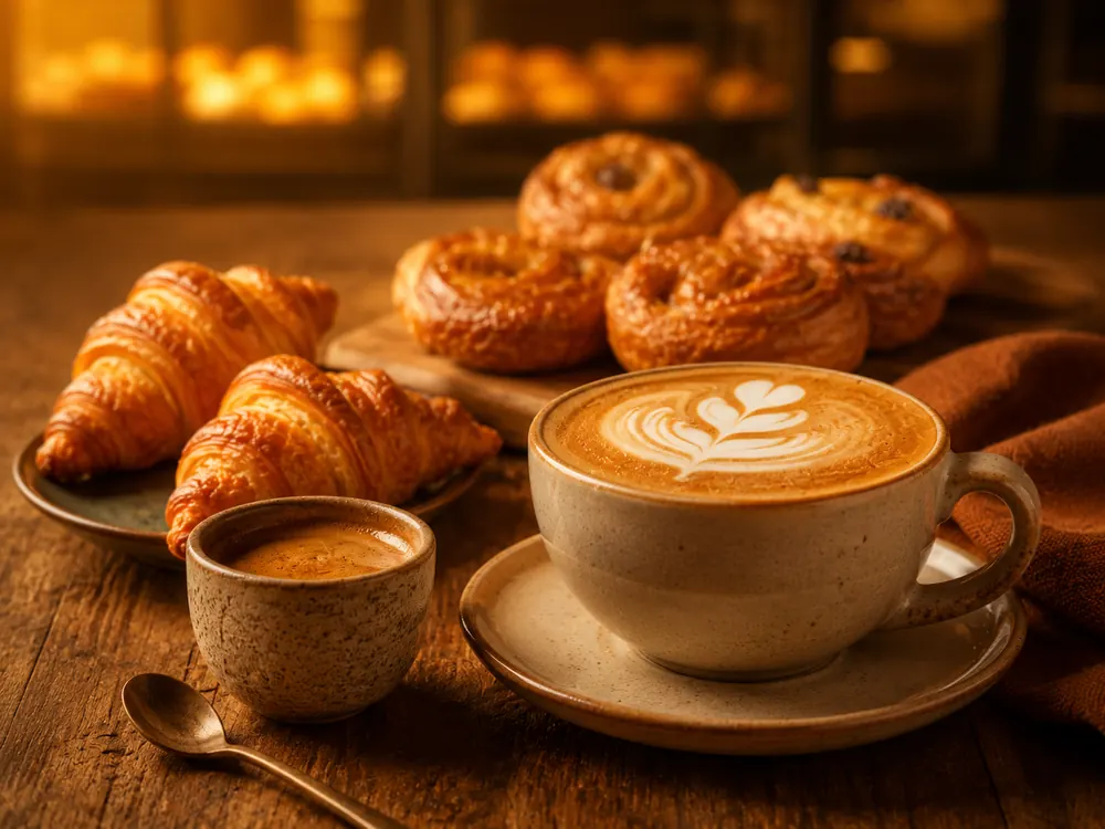 Cappuccino com arte em leite e croissants